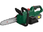A Parkside cordless chainsaw with a 10' bar and chain is shown against a black background.