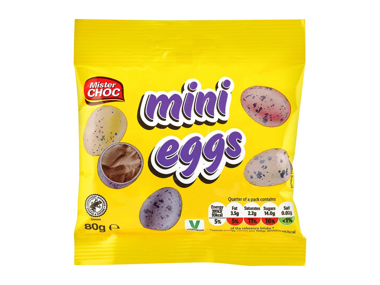 Yellow bag of mini chocolate eggs with nutritional information and vegetarian label.