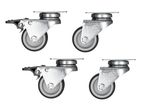 Four metal casters with grey wheels, two with brakes and two without.
