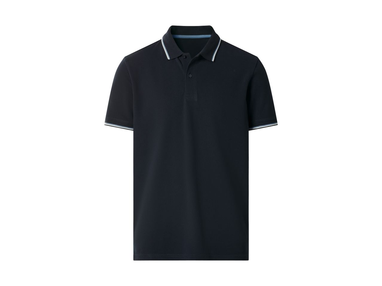 Men's dark blue polo shirt with white and light blue striped collar and sleeve cuffs