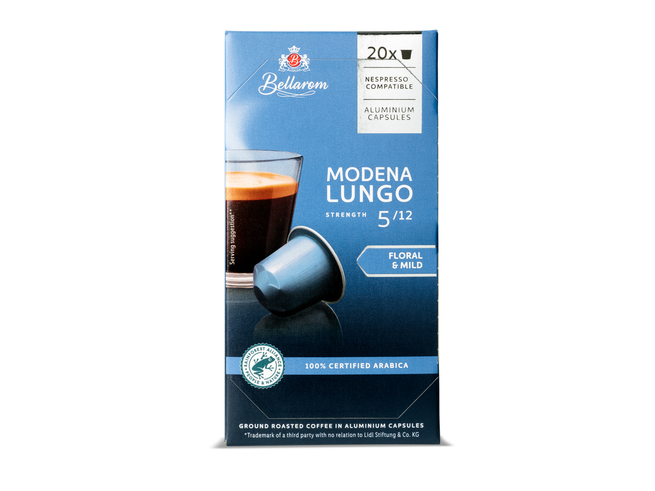 Bellaron Modena Lungo: 20 Nespresso-compatibele aluminium capsules, bloemige & milde koffie.