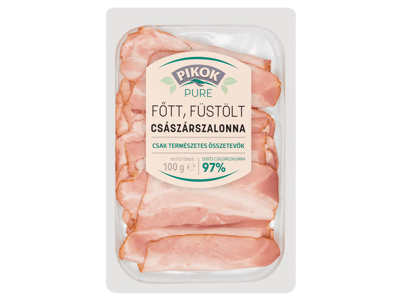 Főtt, füstölt császárszalonna szeletek 100 g-os kiszerelésben.