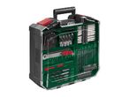 Toolbox with drill bits, screwdriver bits, sockets, tape measure, and utility knife.