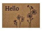 Brown doormat with 'Hello' text and black floral illustrations.
