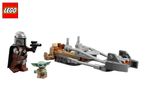 Mandalorian and Grogu minifigures with a brown and grey speeder bike.