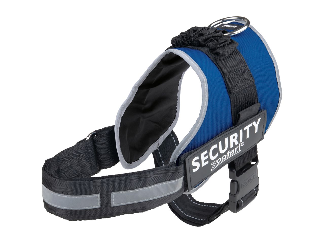 Zooafari Security dog harness in blue with reflective strips.