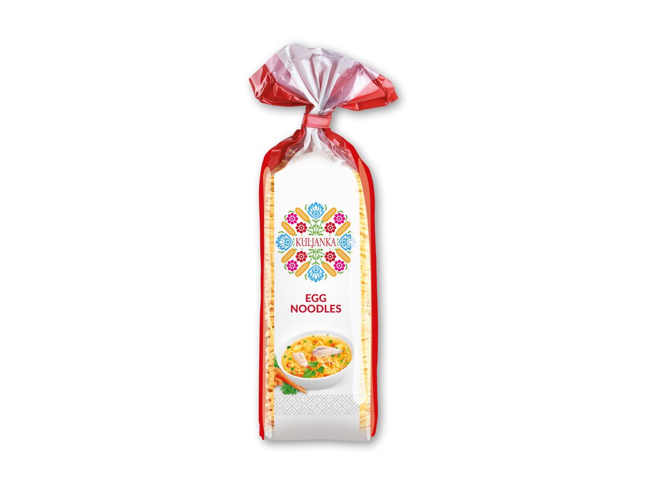 Pakke med æggenudler med et farverigt blomstermønster og en skål suppe.