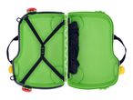 Open green children's suitcase with black straps and handles, top view.