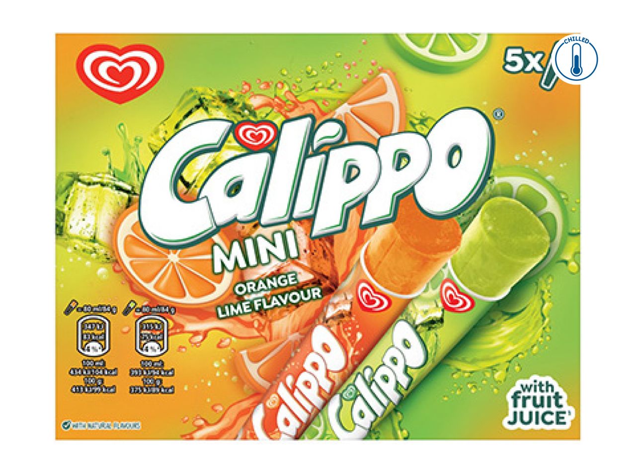 Calippo Mini ice lollies, orange and lime flavour, with fruit juice, 5x chilled.