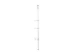 A silver shower caddy with three wire shelves, designed to be tension-mounted from floor to ceiling.