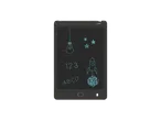 A dark gray LCD writing tablet with a stylus shows drawings of a lightbulb, rocket, and stars.