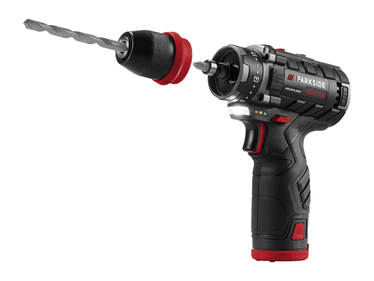 Cordless drill with a detachable chuck and drill bit, featuring a black and red design.