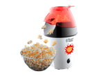 Aparat de popcorn Russell Hobbs cu capac roșu și un bol plin cu popcorn.