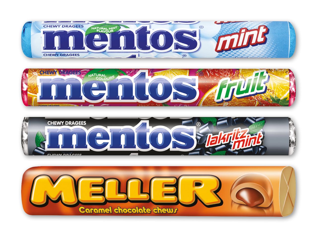 Fire pakker tyggepastiller og karamelchokolade, herunder mint, frugt og lakridsmint.