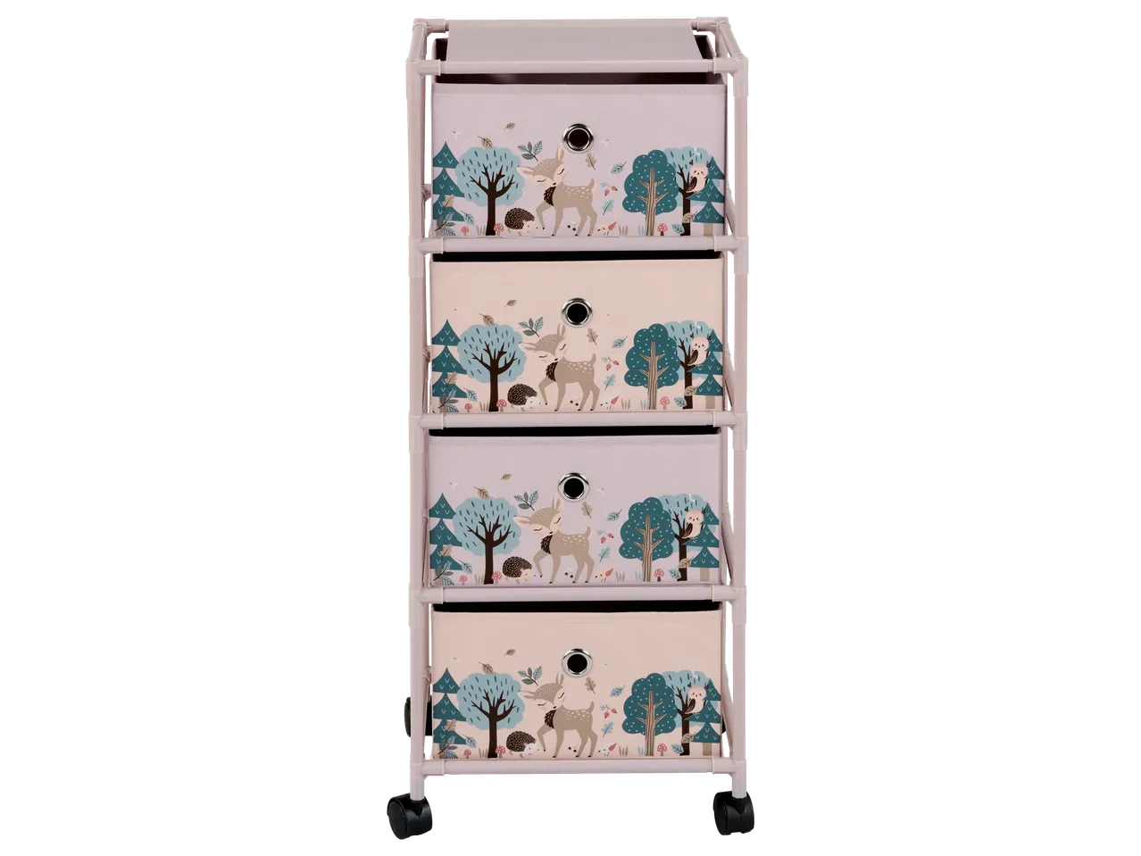 LIVARNO Rollregal su keturiais stalčiais, dekoruotais miško gyvūnų motyvais.