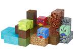 Разноцветни кубчета с различни текстури и лица на дракони, подредени като пейзаж.