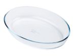 A clear glass oval baking dish.