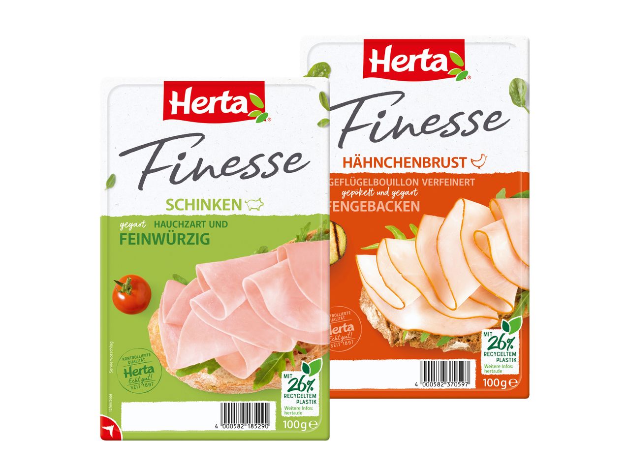 Zwei Herta Finesse Packungen: Schinken und Hähnchenbrust.