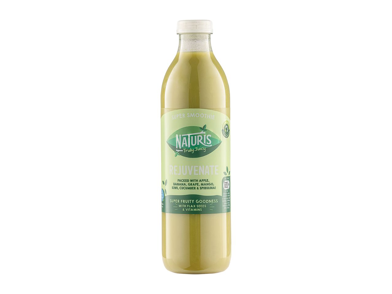 Naturis Rejuvenate smoothie bottle: apple, banana, grape, mango, kiwi, cucumber & spirulina.