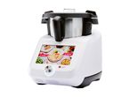 A white and black Monsieur Cuisine Smart food processor with a large display showing recipes.