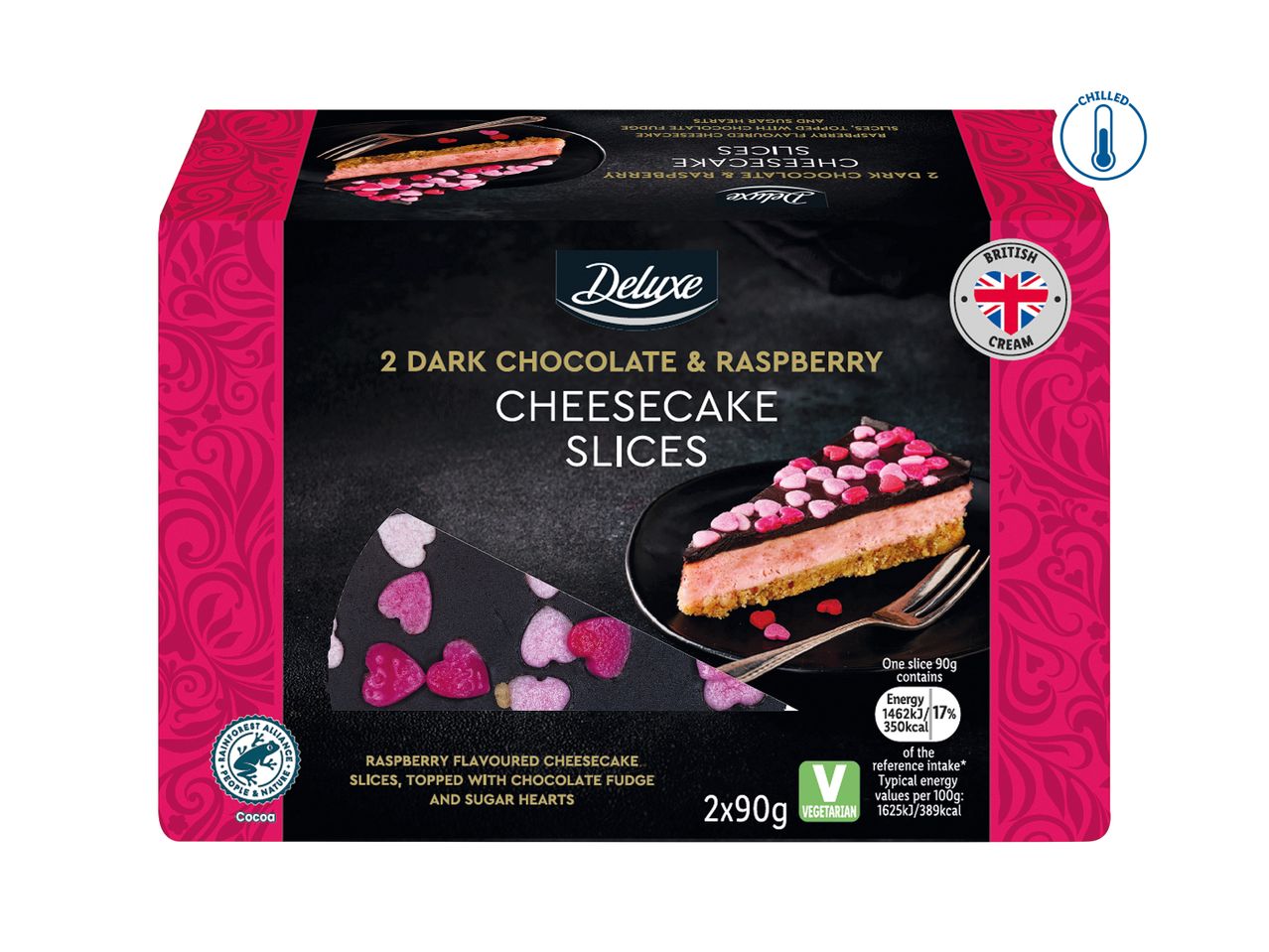 Dark chocolate and raspberry cheesecake slices with sugar hearts, chilled.