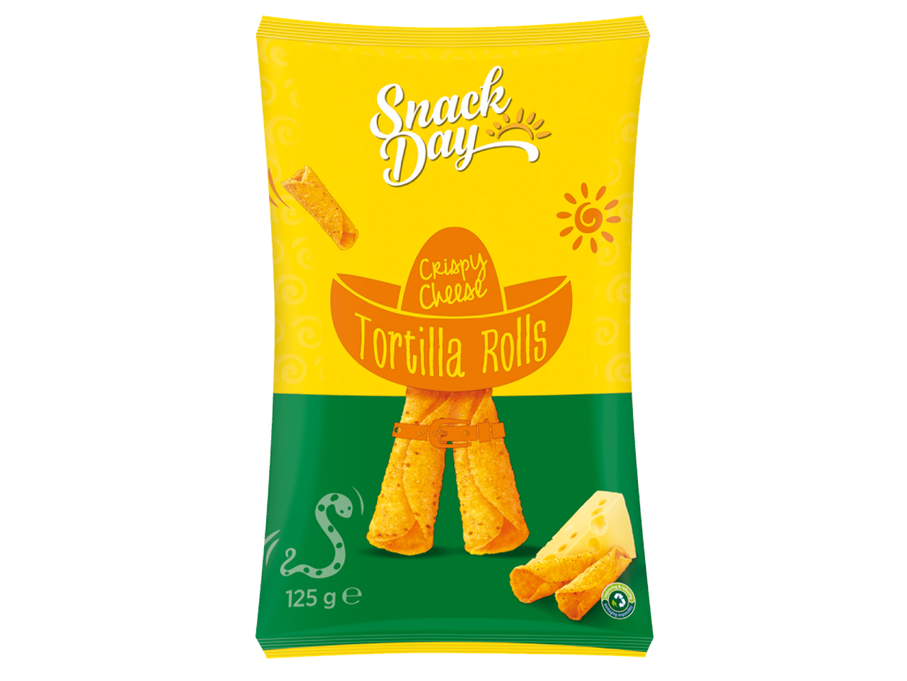 Snack Day traškūs sūrio tortilijų ritinėliai, 125 g pakuotė.