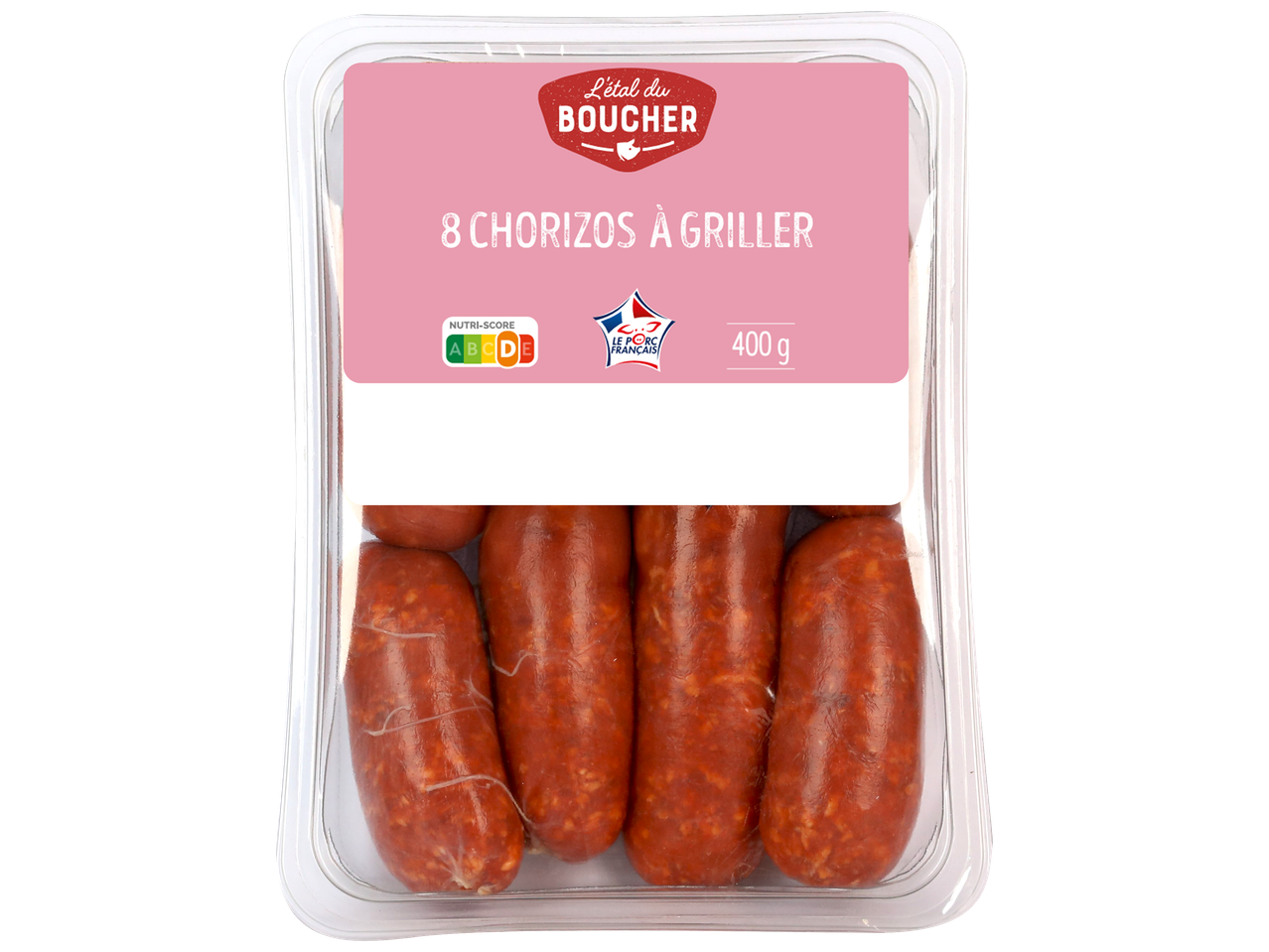 Barquette de 8 chorizos à griller, avec Nutri-Score et logo Le Porc French, 400g.