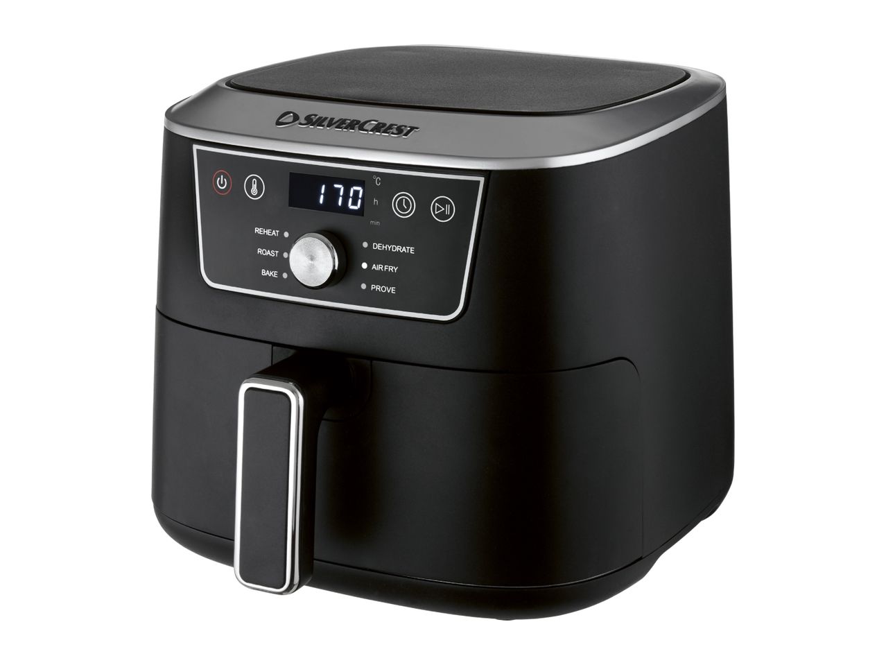 Black air fryer with a digital display showing 170°C and various cooking functions.