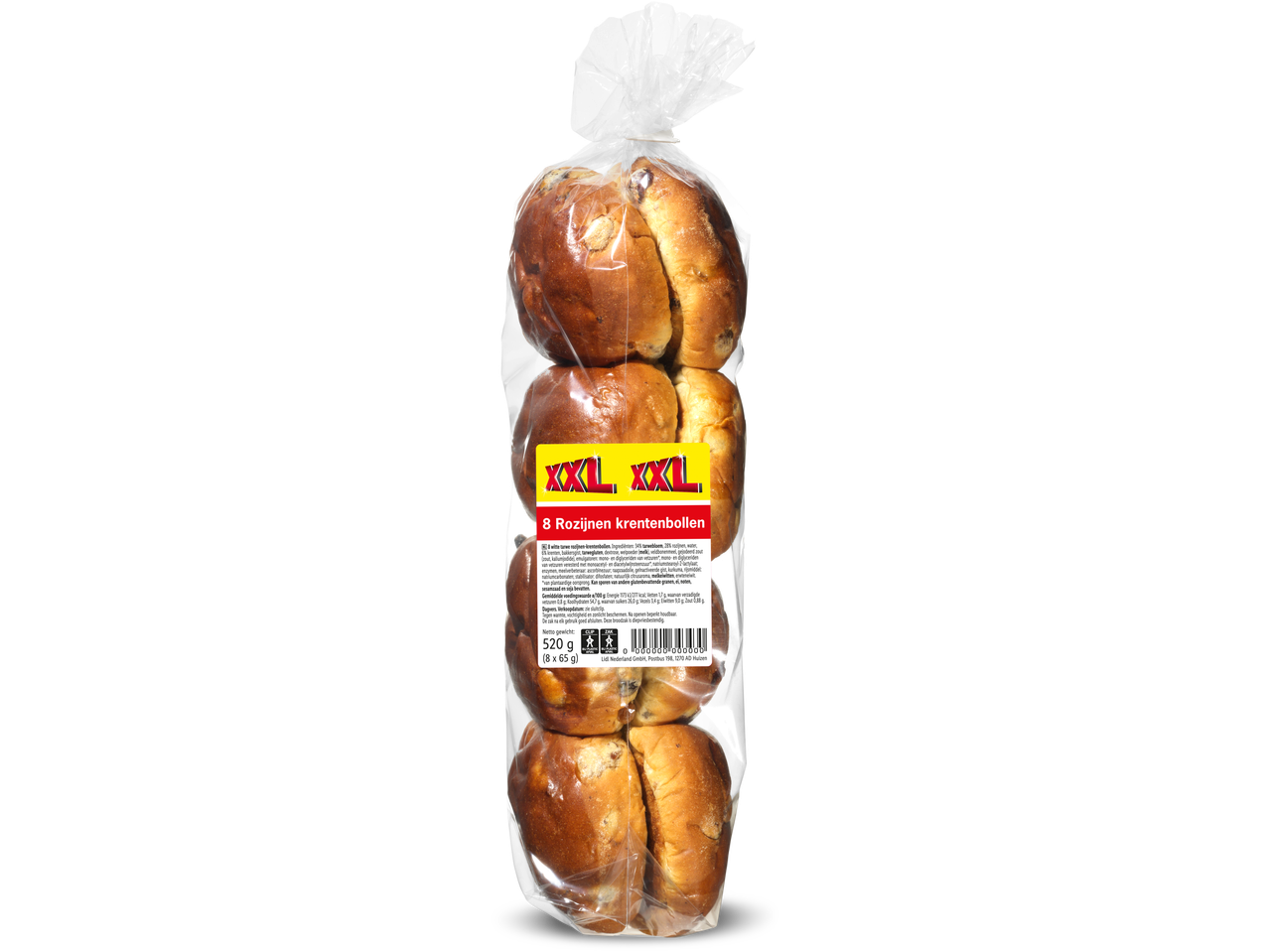 XXL rozijnen krentenbollen in een plastic zak met productinformatie.