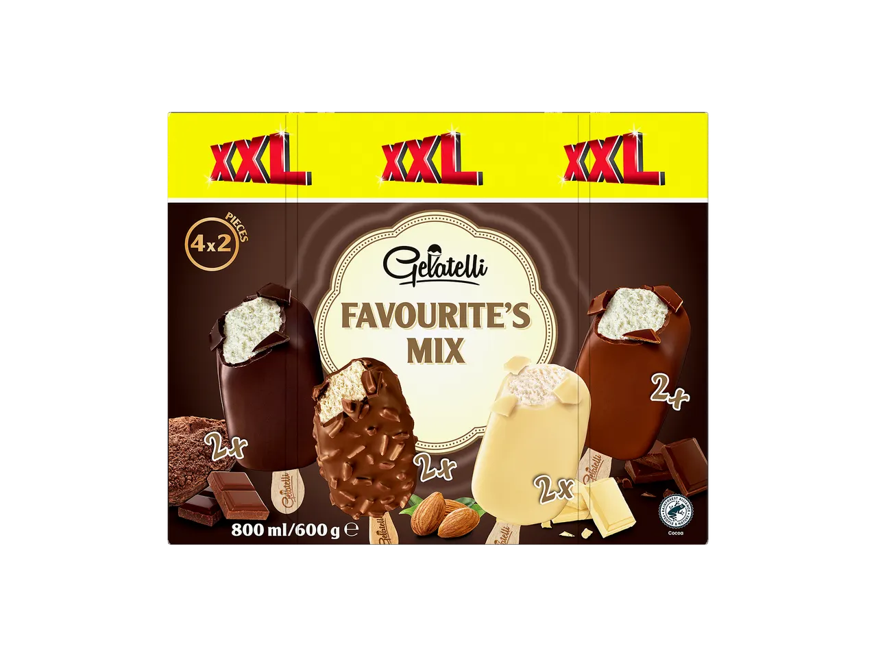 Boîte de glaces XXL, mélange de saveurs, avec des bâtonnets de glace au chocolat et aux amandes.