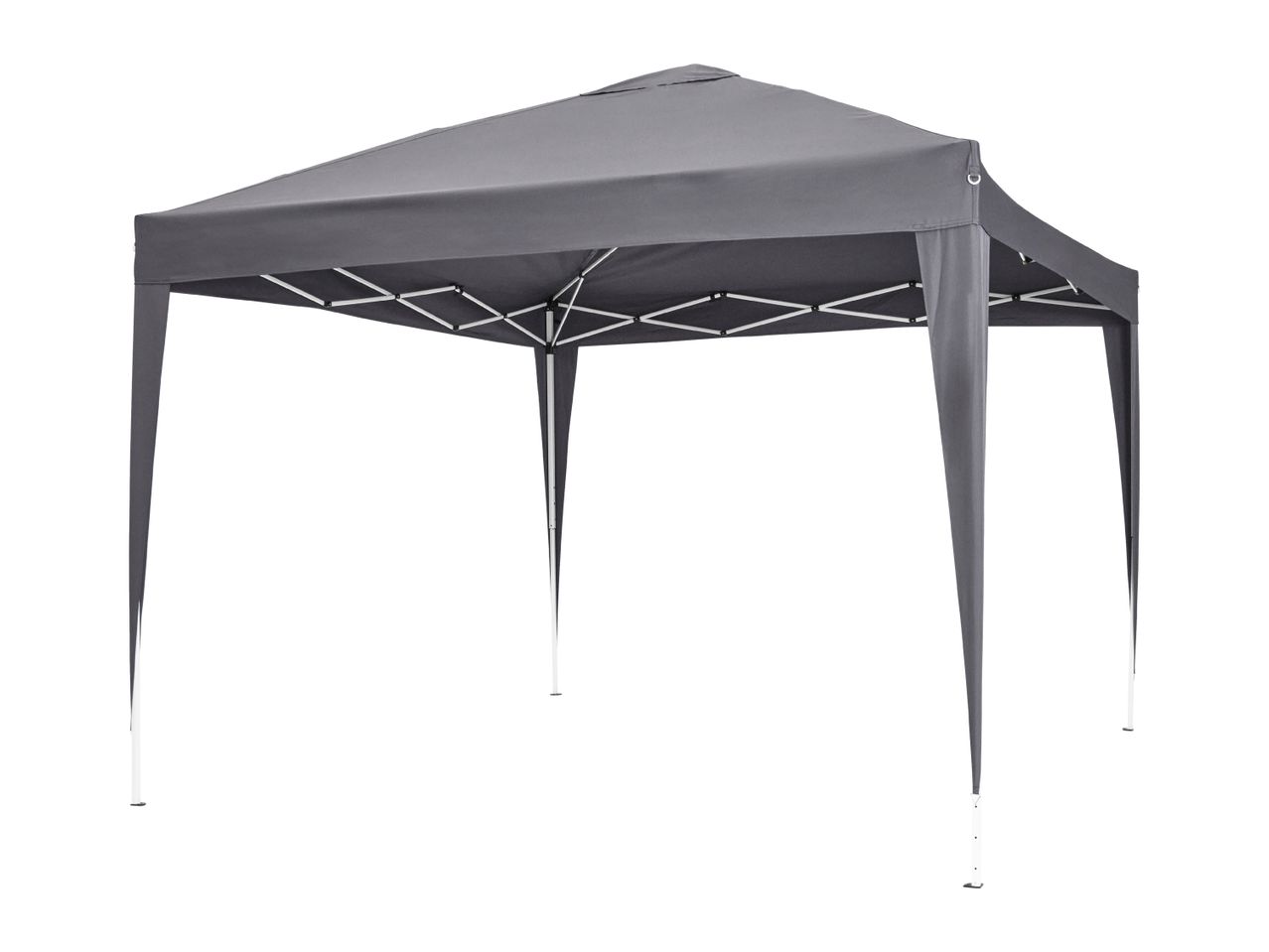 A grey pop-up gazebo with a white frame, isolated on a white background.