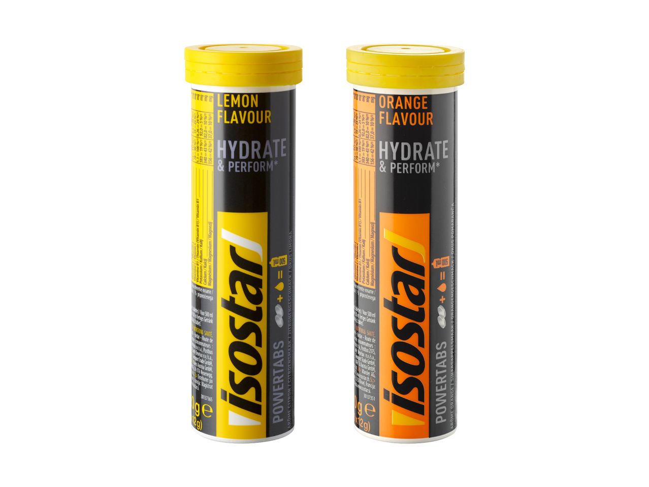 Deux tubes Isostar Powertabs aux saveurs citron et orange.