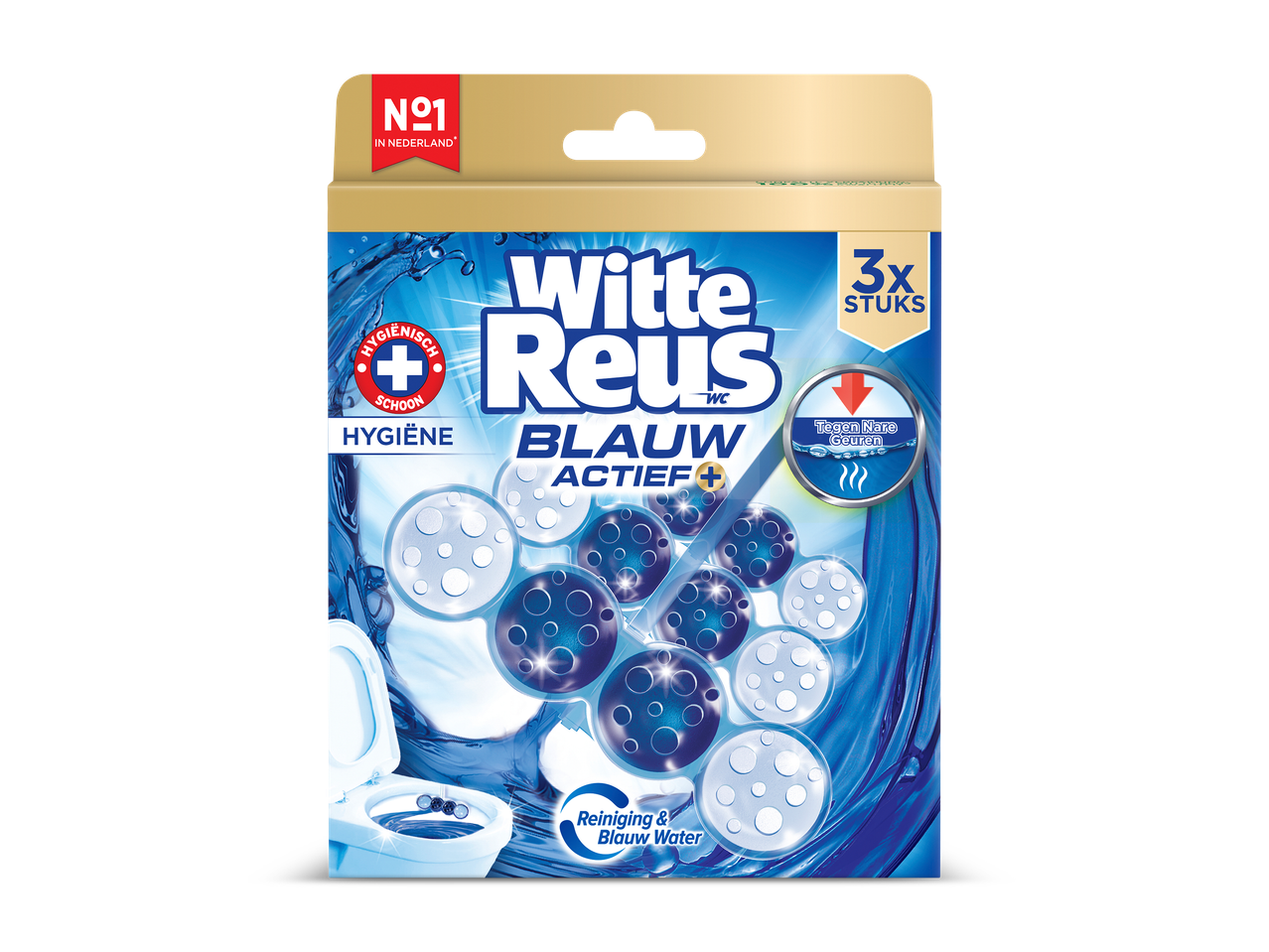 Verpakking van toiletblokjes met blauw water effect, hygiënische reiniging en geurbestrijding.