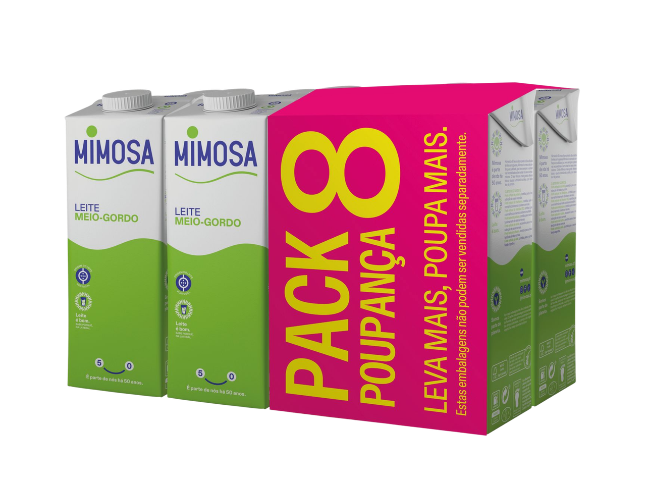 Pack de 8 embalagens de leite meio-gordo, com a mensagem 'Leva mais, poupa mais'.
