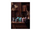 Scented candles and reed diffusers on a wooden table in a cozy, classic room.