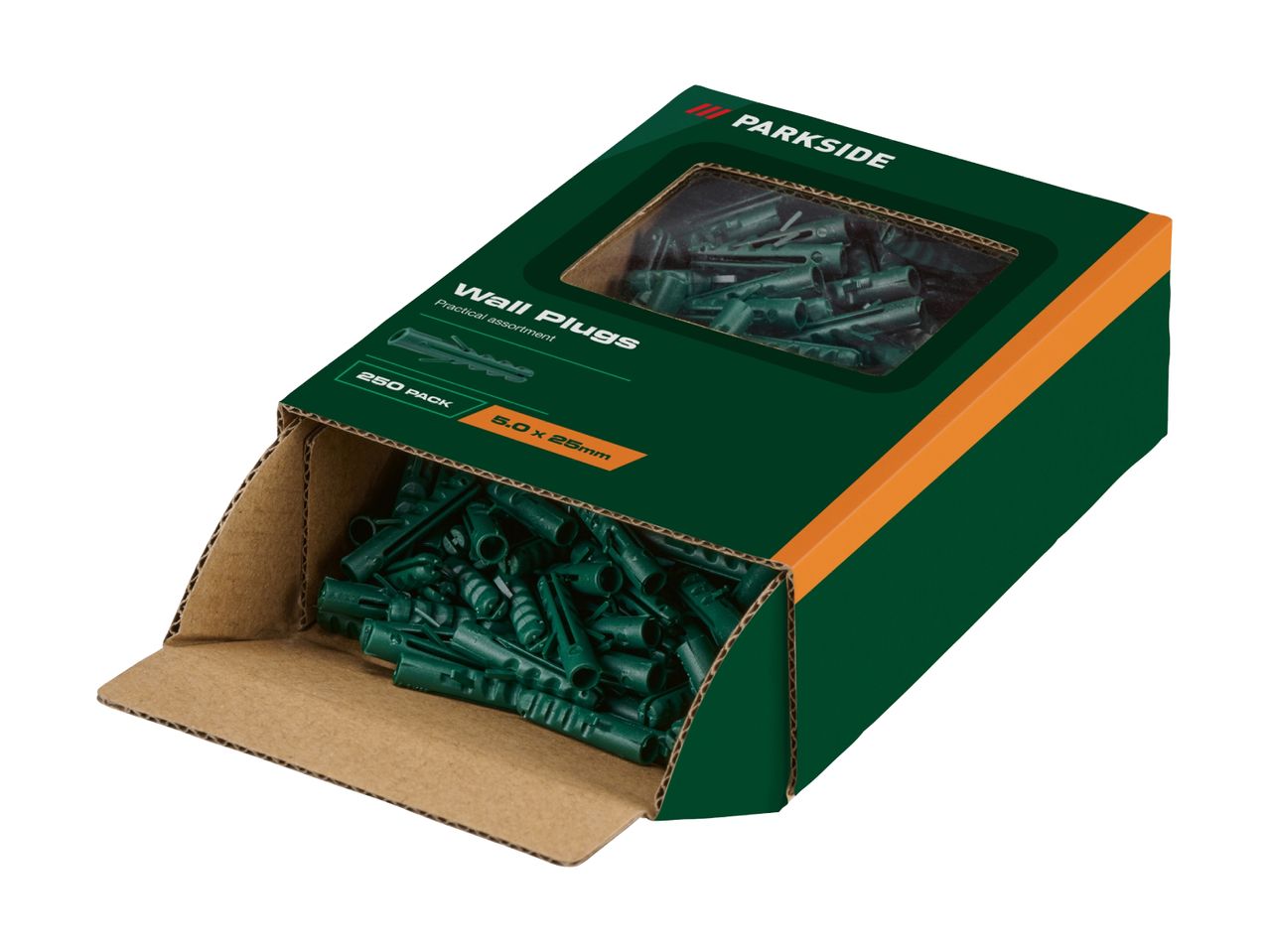Open box of green wall plugs, 250 pack, 5.0 x 25mm, practical assortment.