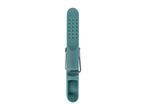 A teal plastic clothespin with a metal spring.