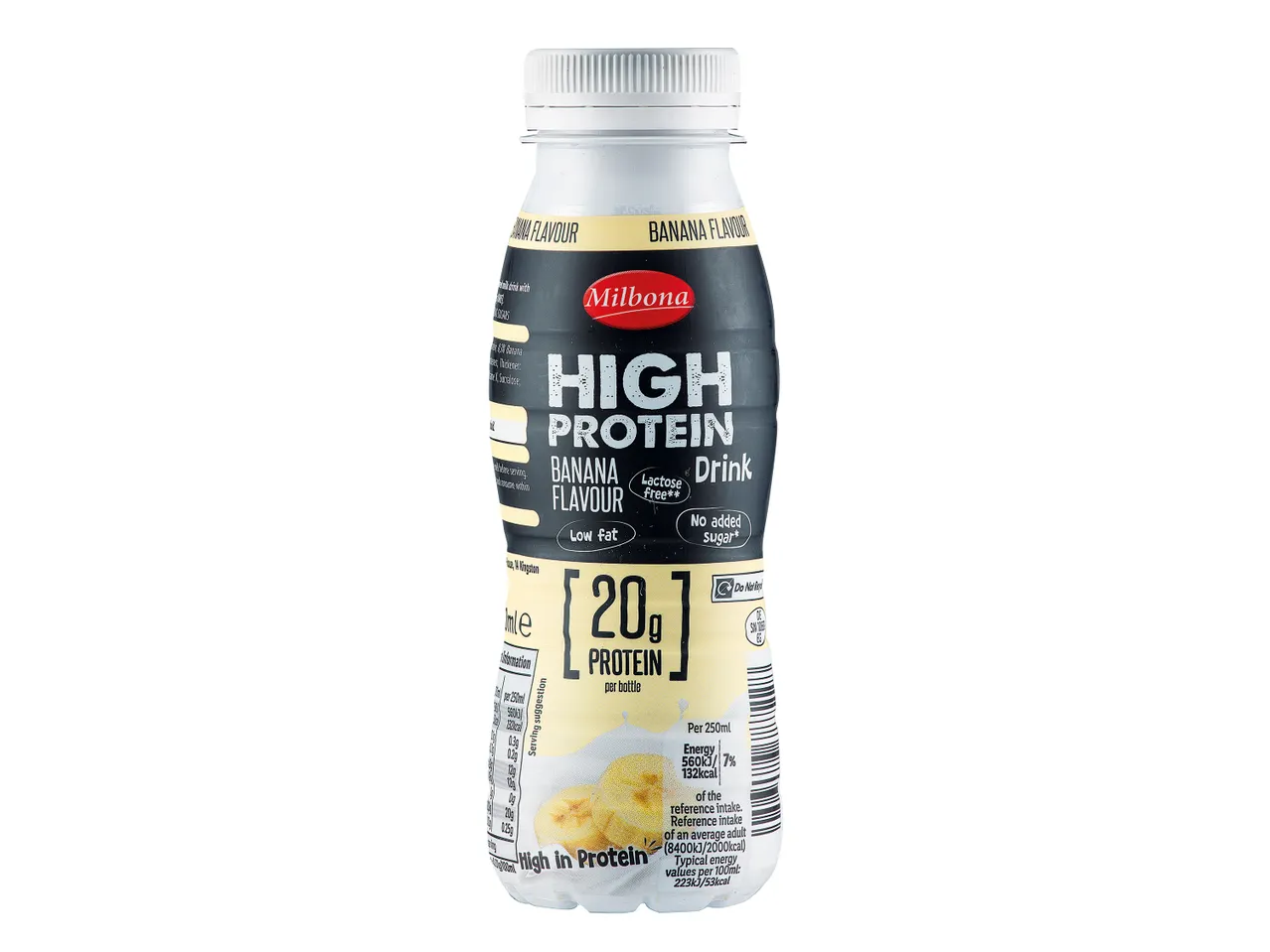 Milbona high protein banana drink, lactose free, no added sugar.