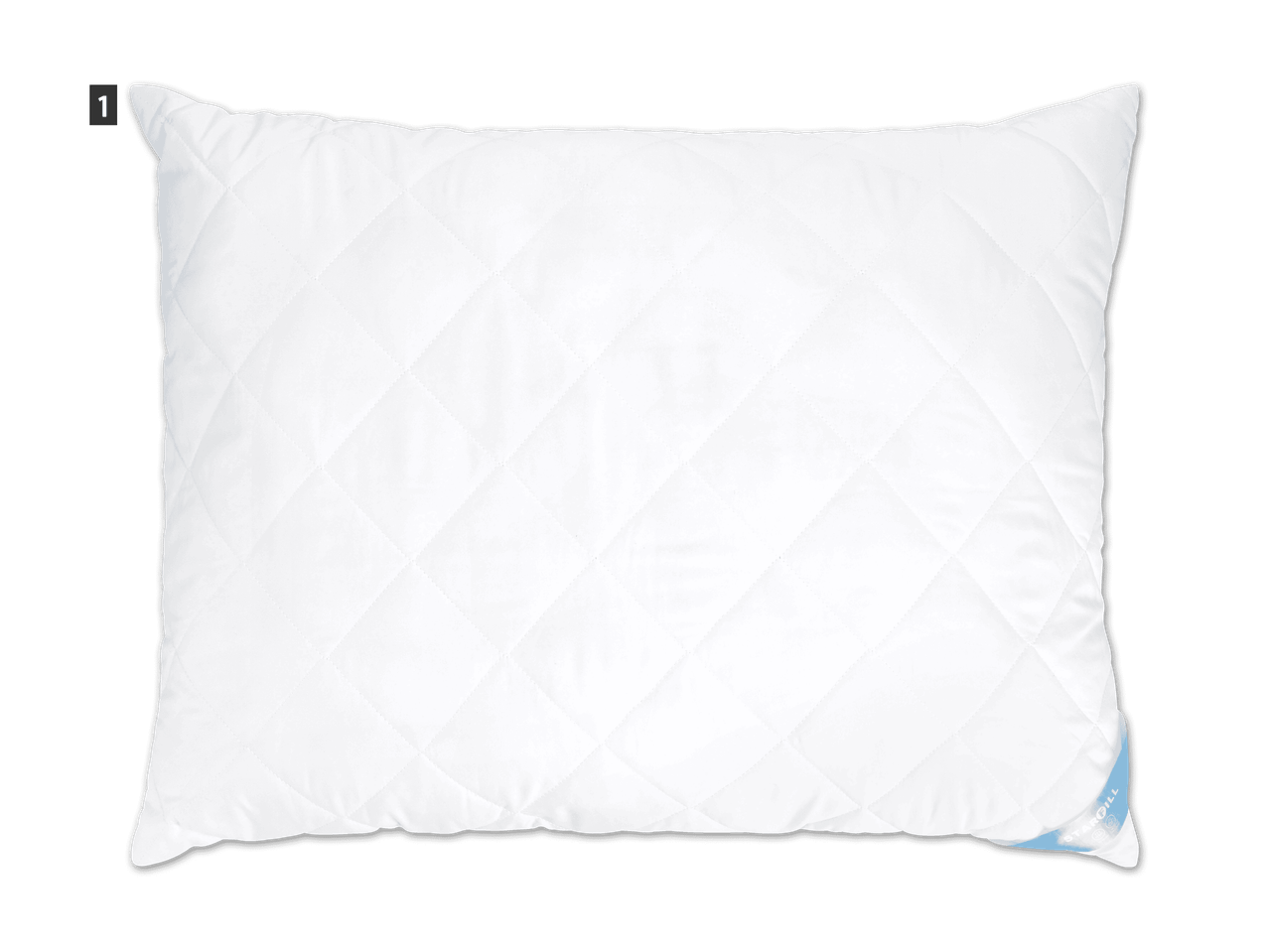 Weißes, gestepptes Kissen mit einem blauen Etikett mit der Aufschrift 'STARGILL'.