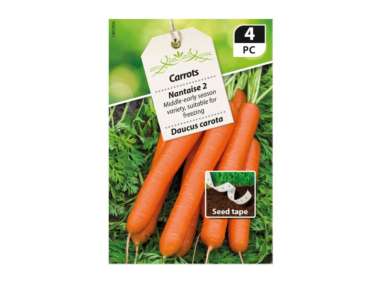 Carrot seed packet for 'Nantaise 2' variety, suitable for freezing, with seed tape.