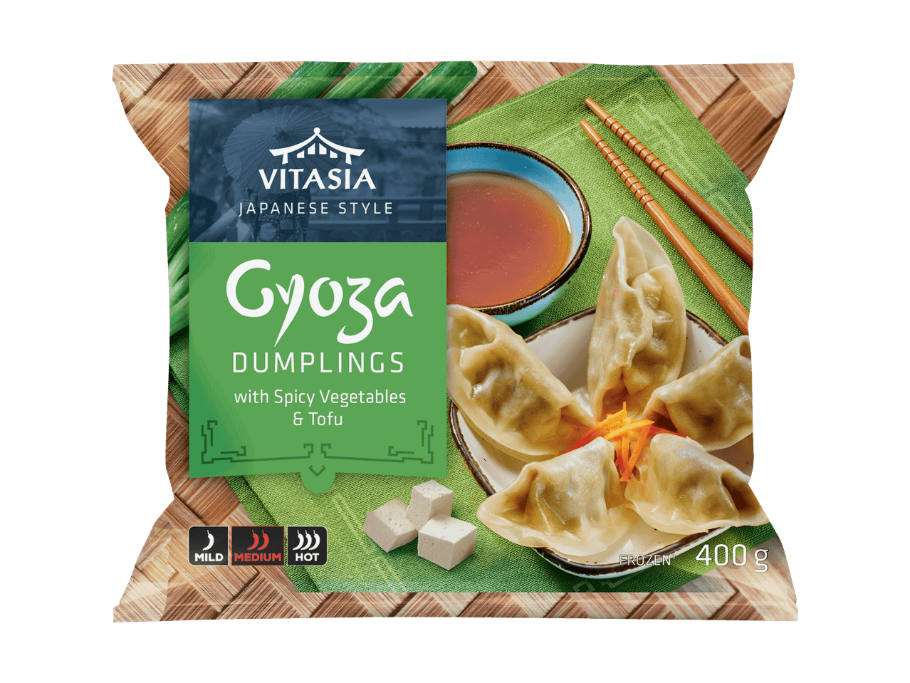 Paquet de gyoza surgelés aux légumes épicés et tofu, style japonais, 400g.