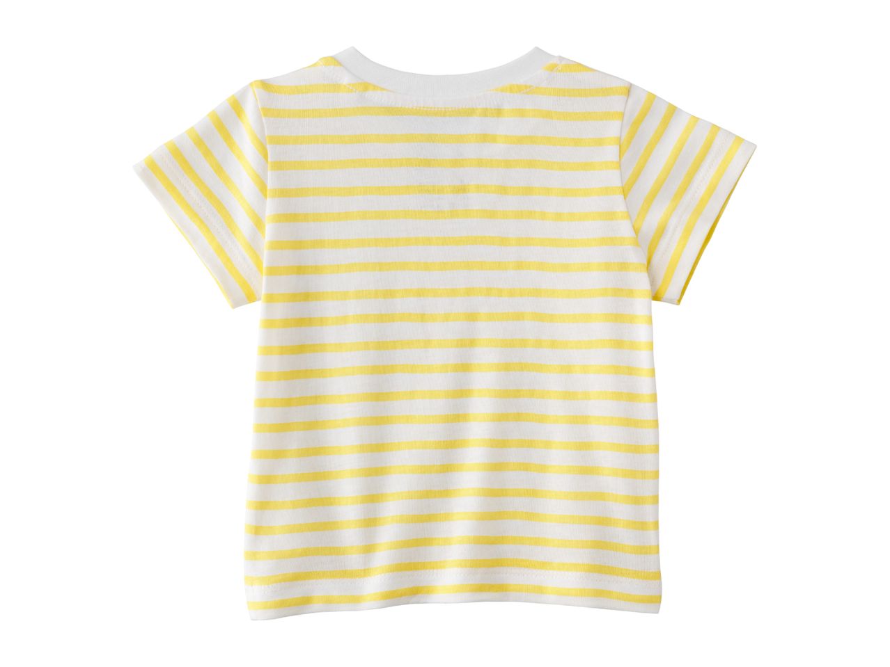 Back of a white t-shirt with yellow horizontal stripes.