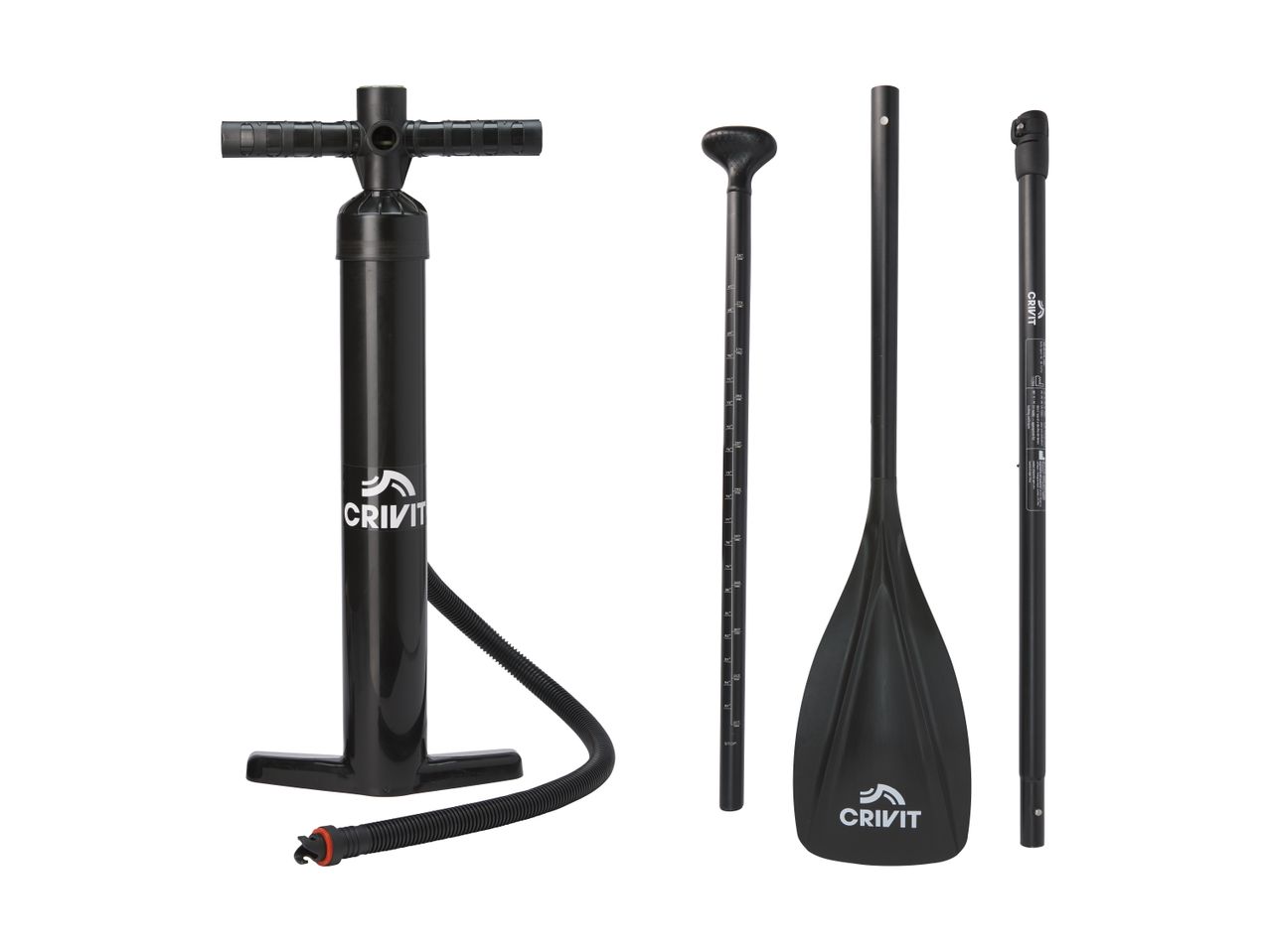 Sort pumpe og pagaj til paddleboard med justerbar længde og logo.