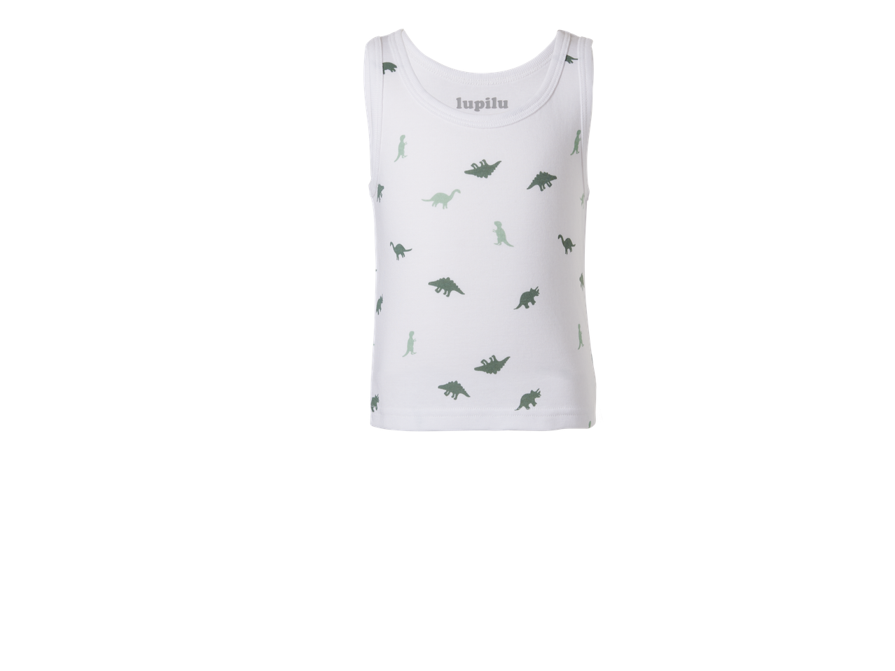 Wit LUPILU onderhemd met groene dinosauruspatronen.