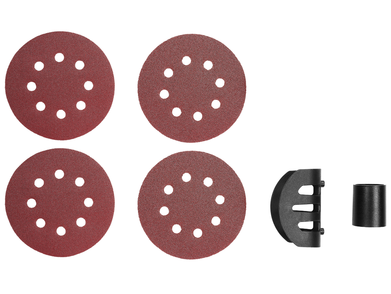 Комплект от четири диска за шлайфане и два аксесоара за шлайфмашина.