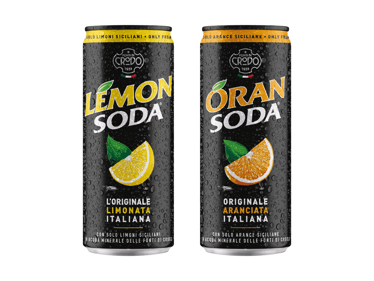 Zwei Dosen Capri-Soda, eine mit Zitronen- und eine mit Orangengeschmack.
