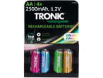 Vier Tronic AA 2500mAh, 1.2V NiMH oplaadbare batterijen in een Color Edition verpakking.