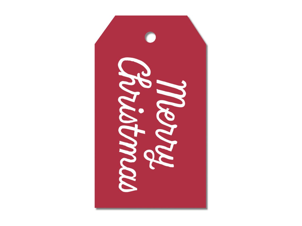 Red gift tag with 'Merry Christmas' in white script.