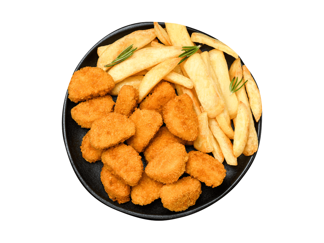 Hähnchen-Nuggets und Pommes Frites mit Rosmarin auf einem schwarzen Teller