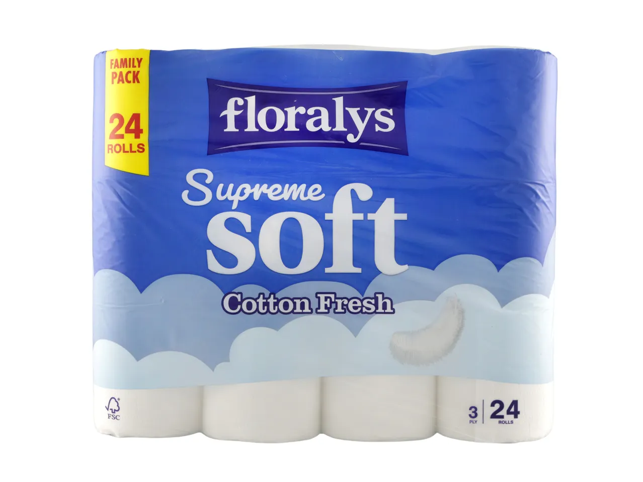 A pack of 24 Floraly's Supreme Soft toilet paper rolls.